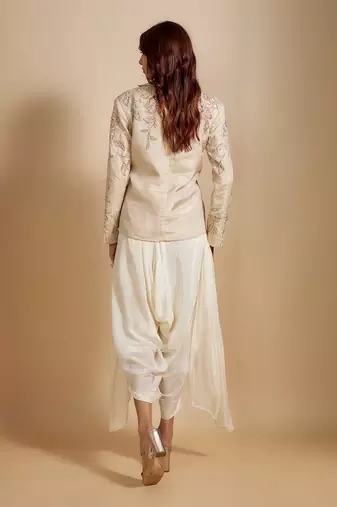 Beige tissue jacket with cream dhoti