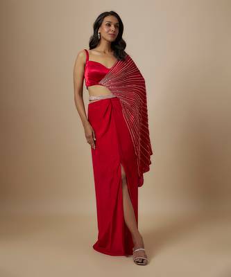 Red skirt with drape blouse 1