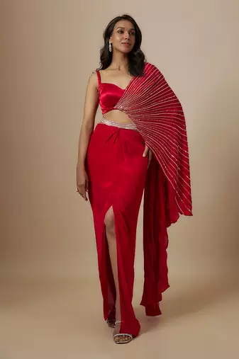 Red skirt with drape blouse