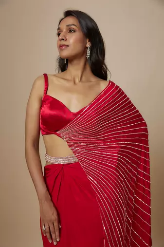 Red skirt with drape blouse