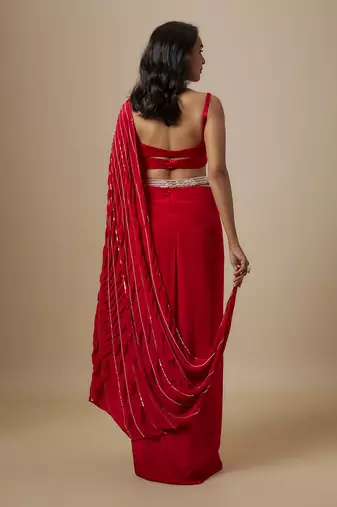 Red skirt with drape blouse