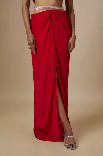 Red skirt with drape blouse