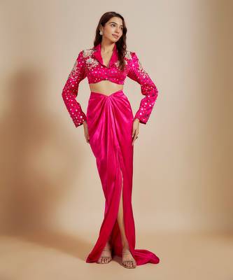 Hot pink emboriderd blazer with hot pink dape skirt 2