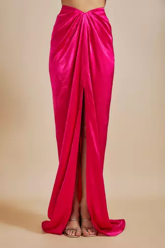 Hot pink emboriderd blazer with hot pink dape skirt