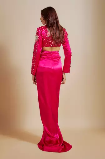 Hot pink emboriderd blazer with hot pink dape skirt