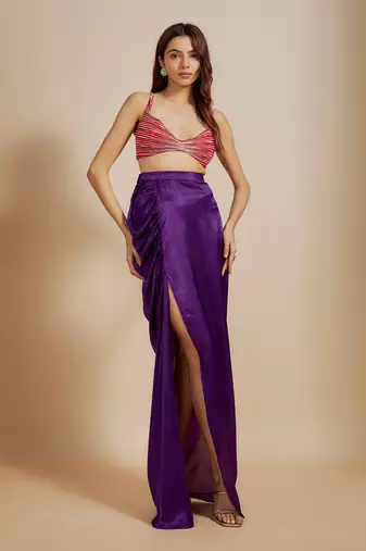 Red emboiderd bloue with purple skirt & drape