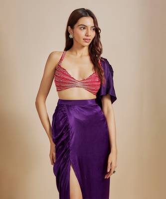 Red emboiderd bloue with purple skirt & drape 3