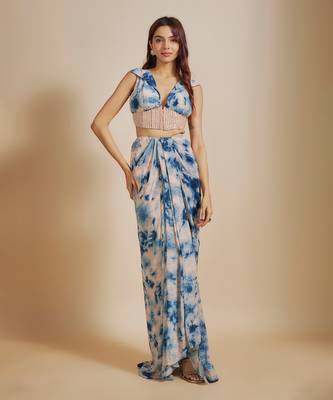 Peach and blue shibori embroidered vest coat with skirt 1