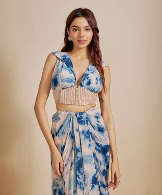 Peach and blue shibori embroidered vest coat with skirt 2