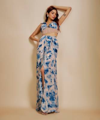 Peach and blue shibori embroidered vest coat with skirt 3