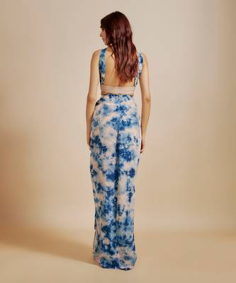 Peach and blue shibori embroidered vest coat with skirt 4