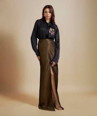 Black embroidered shirt with black skirt 1