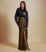 Black embroidered shirt with black skirt