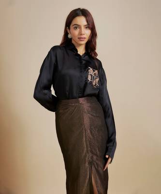 Black embroidered shirt with black skirt 2