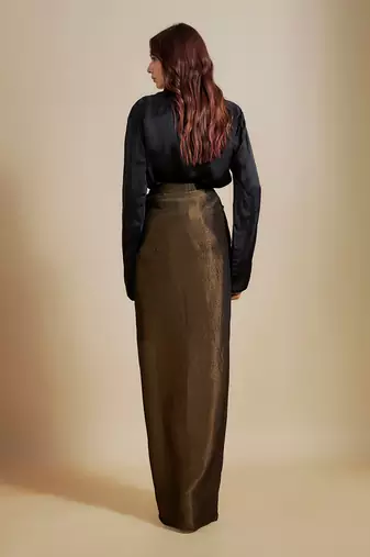 Black embroidered shirt with black skirt