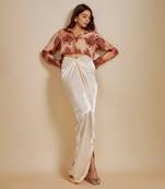 Peach printed  shirt with cream skirt