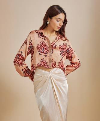 Peach printed  shirt with cream skirt 2
