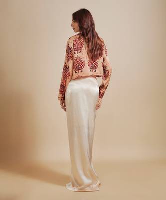 Peach printed  shirt with cream skirt 3
