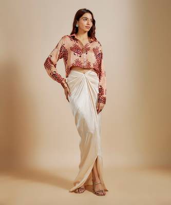 Peach printed  shirt with cream skirt 4