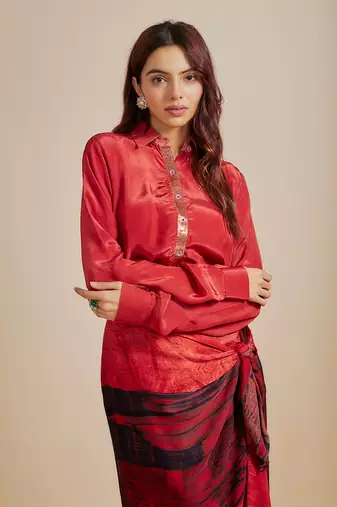 Rust shirt with printed skirt