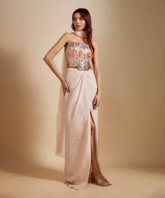 Peach embroidered corset with rose gold skirt 1