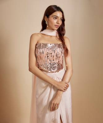 Peach embroidered corset with rose gold skirt 2