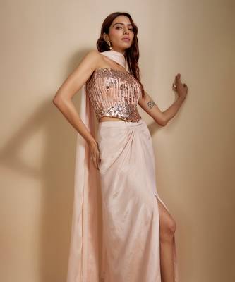 Peach embroidered corset with rose gold skirt 3