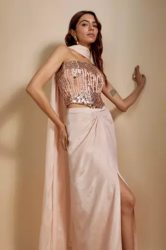 Peach embroidered corset with rose gold skirt