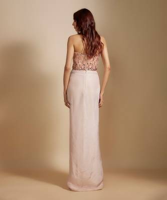 Peach embroidered corset with rose gold skirt 5