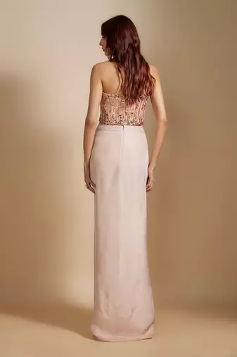 Peach embroidered corset with rose gold skirt