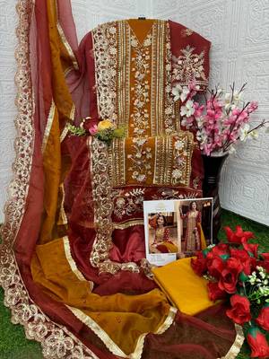 Red embroidered organza semi stitched salwar suit 4