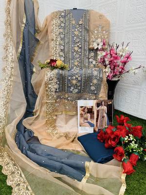 Cream embroidered organza semi stitched salwar suit 4