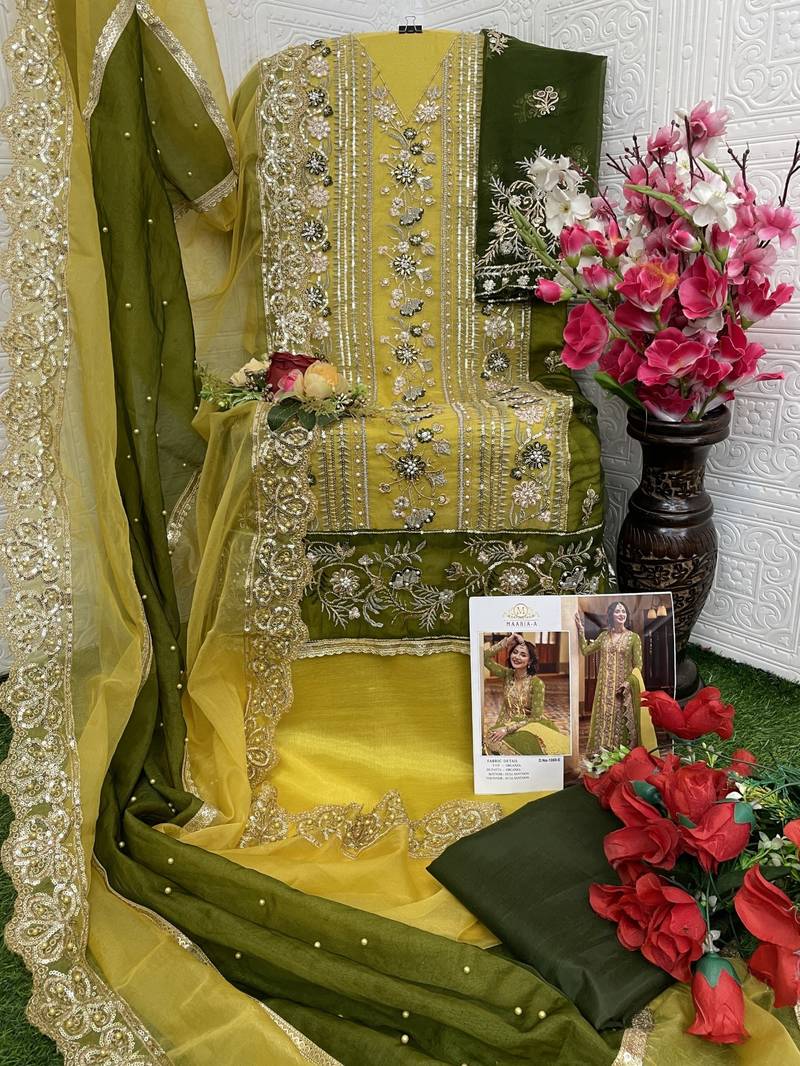 Mehendi embroidered organza semi stitched salwar suit