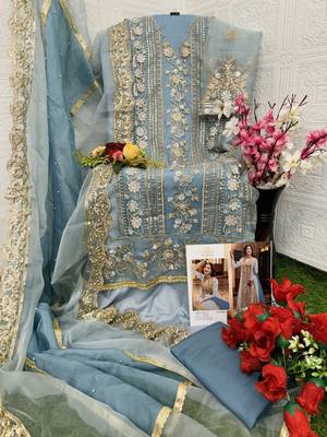 Sky blue embroidered organza semi stitched salwar suit 4