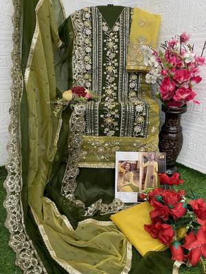 Yellow embroidered organza semi stitched salwar suit 4