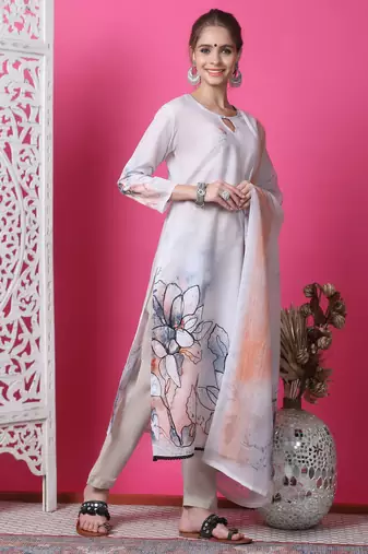 beige cotton digital printed dress material