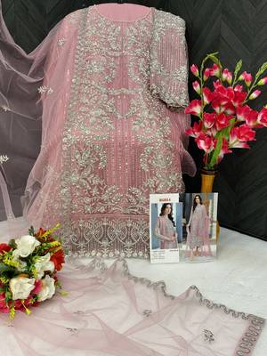 Pink embroidered organza semi stitched salwar suit 4