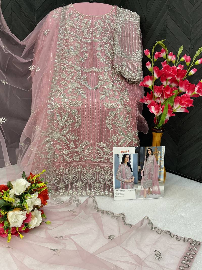 Pink embroidered organza semi stitched salwar suit