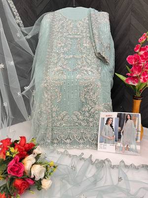 Sky blue embroidered organza semi stitched salwar suit 3