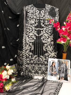 Black embroidered organza semi stitched salwar suit 4