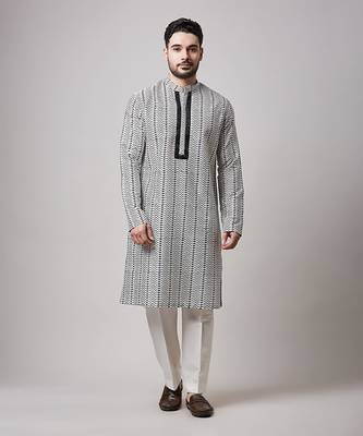 Cotton silk with black block print kurta set 1