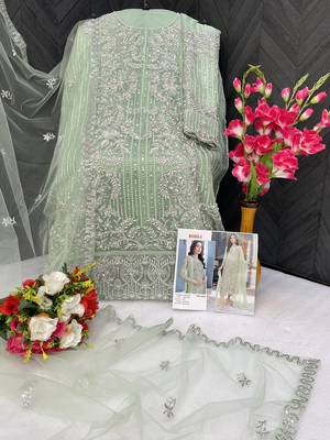 Parrot green embroidered organza semi stitched salwar suit 4