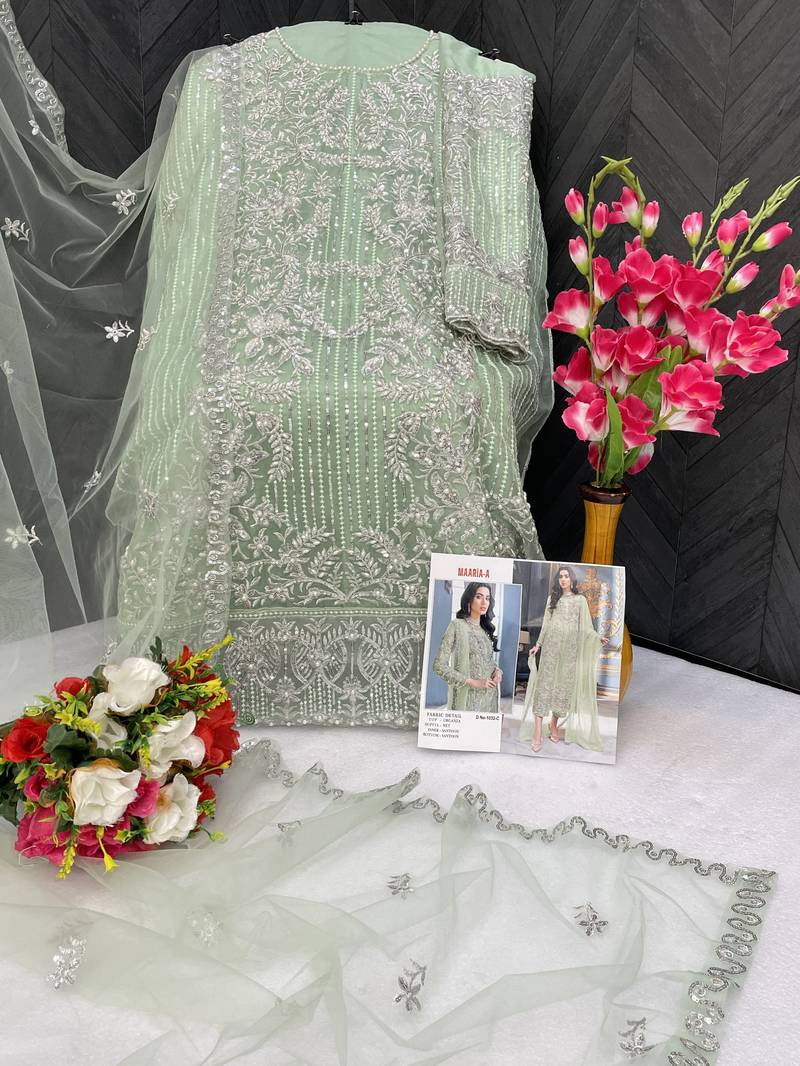 Parrot green embroidered organza semi stitched salwar suit