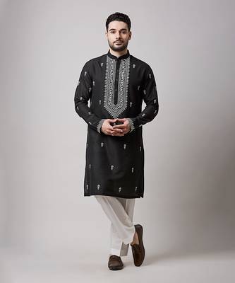 Black kurta set with white embroidery 1