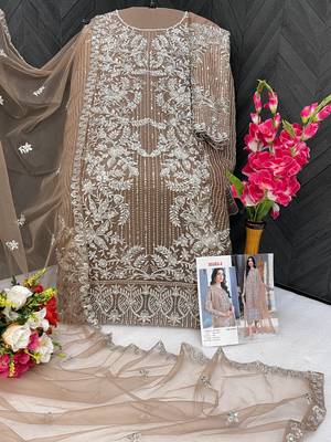 Brown embroidered organza semi stitched salwar suit 3