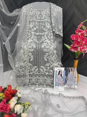 Grey embroidered organza semi stitched salwar suit 4