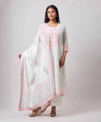 Pink & grey block printed kurta set 1