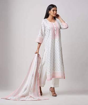 Pink & grey block printed kurta set 2