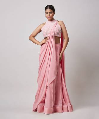 Pink halter neck  blouse with pre drape saree 1