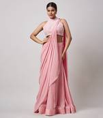 Pink halter neck  blouse with pre drape saree
